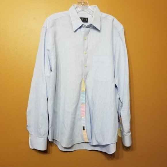 MINE | Men's Blue Multicolored Placket 100% Linen Button-Down Shirt (Size Large) - Picture 1 of 12